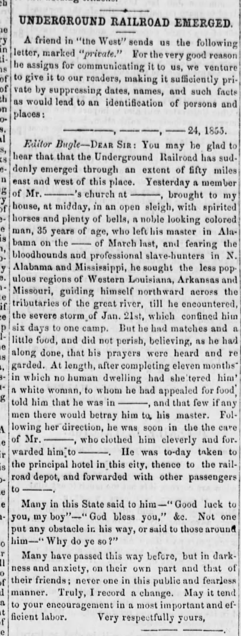 Letter recounting one man's escape from slavery; says Underground Railroad is expanding, 1855