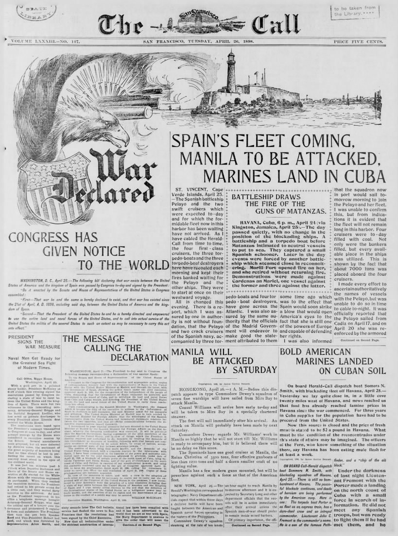Newspaper front page announcing that the United States has declared war on Spain