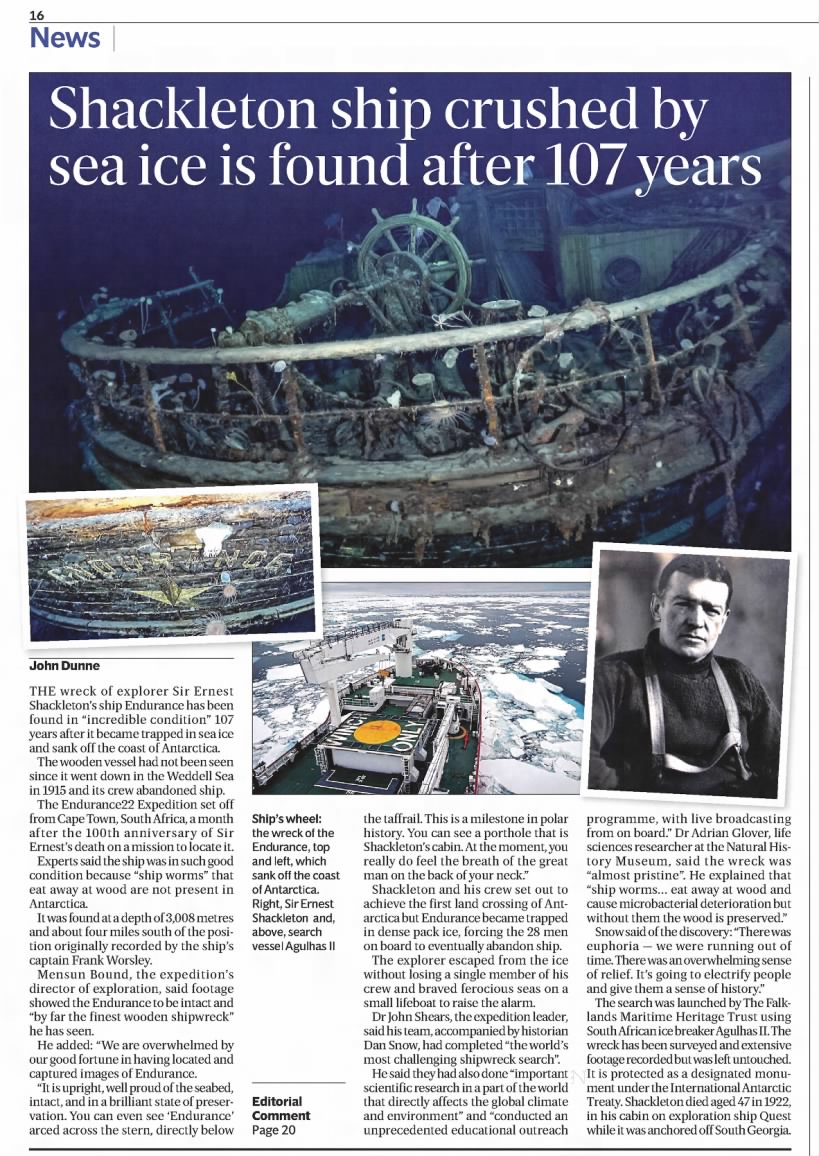 Discovery of wreck of Shackleton's ship Endurance is announced in 2022
