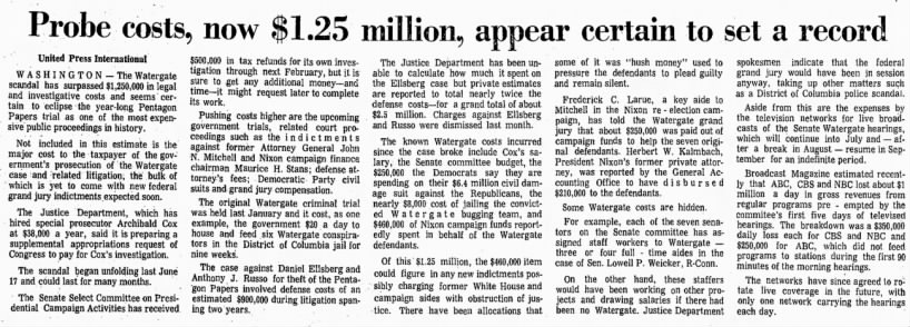 Watergate "Probe costs, now $1.25 million, appear certain to set a record" in June 1973