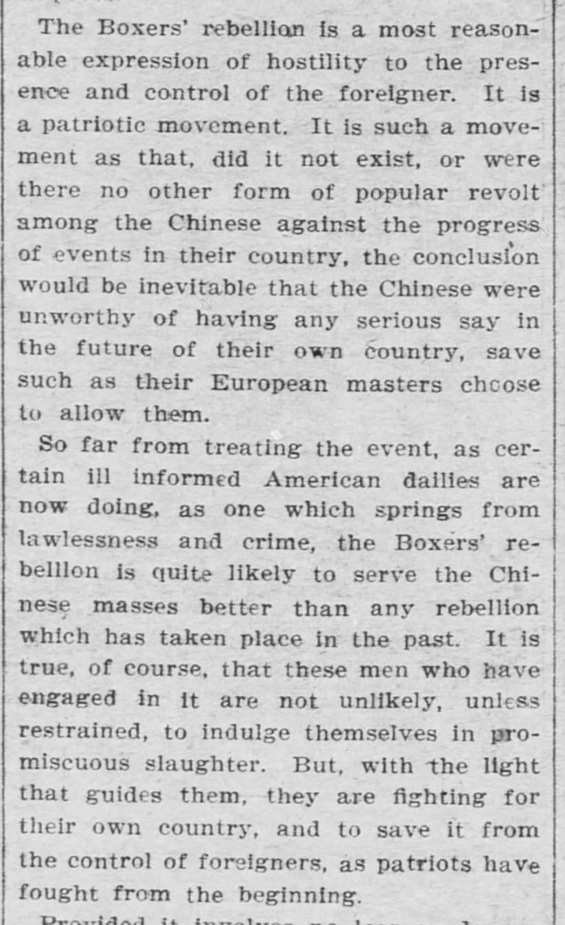 Editorial: Boxer Rebellion is a "reasonable expression of hostility" and a "patriotic movement"