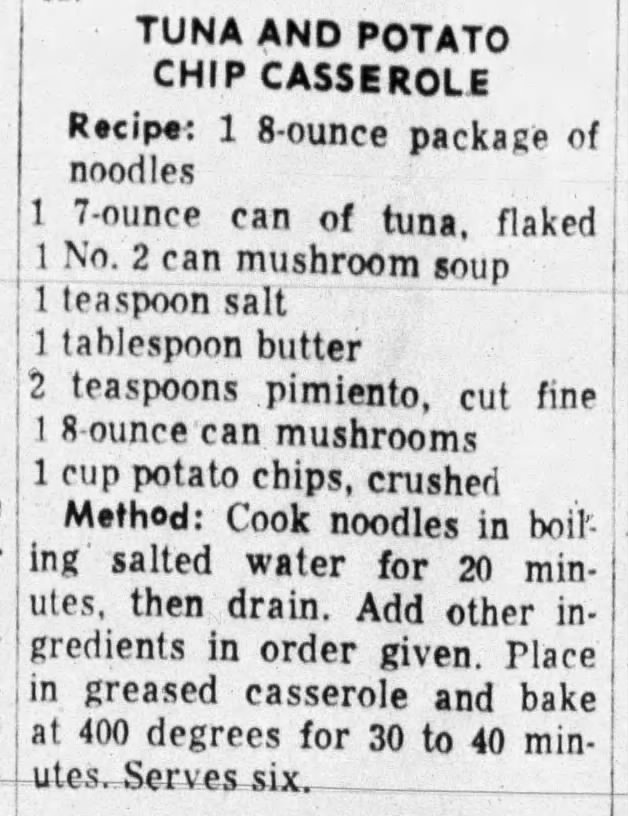 Tuna and Potato Chip Casserole (1965)