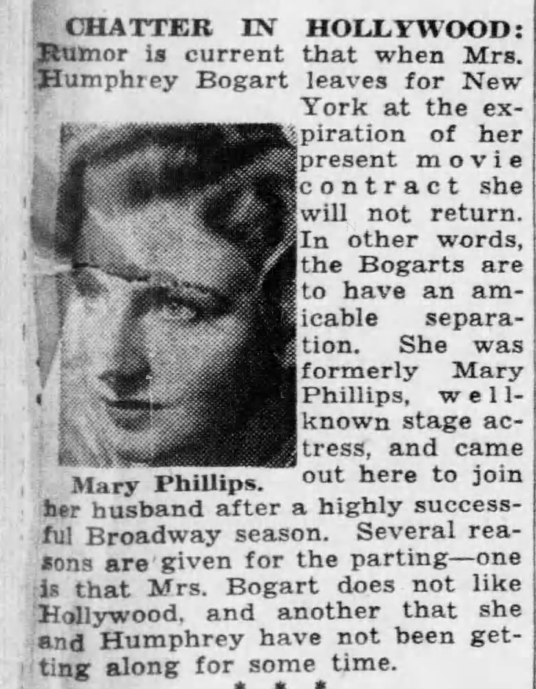 Humphrey Bogart to divorce his second wife, Mary Phillips, in 1937