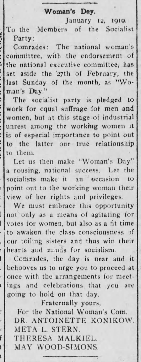National Woman's Committee of the Socialist Party sets aside 27 February 1910 as Woman's Day