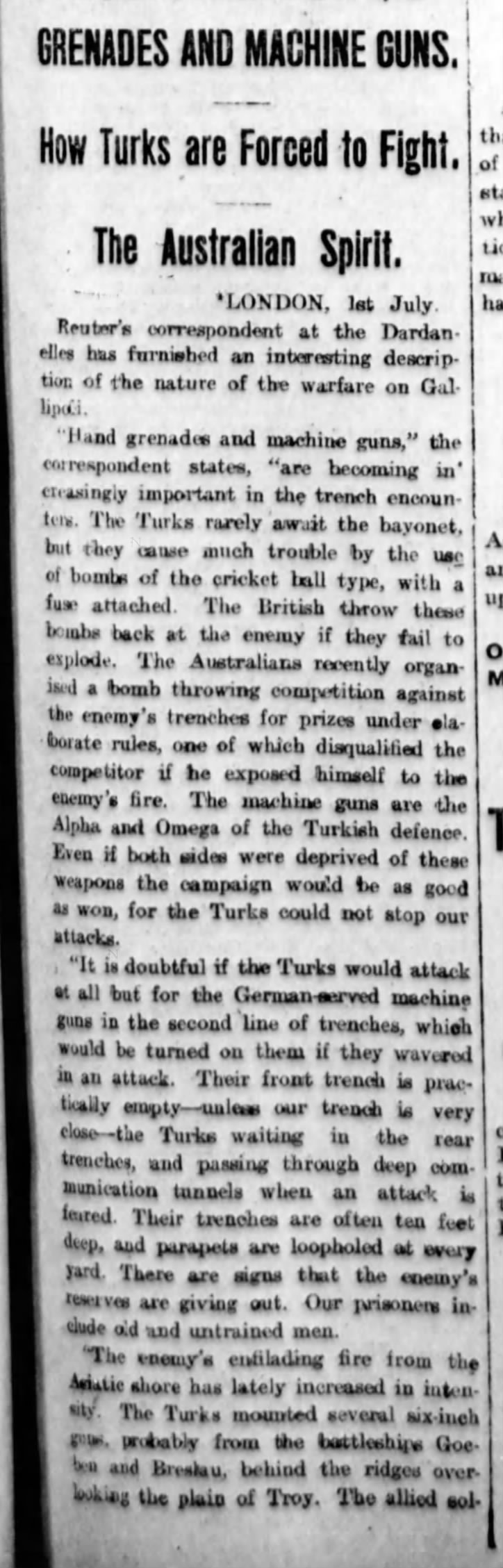 Excerpt from a newspaper description of "the nature of the warfare on Gallipoli" dated July 1915