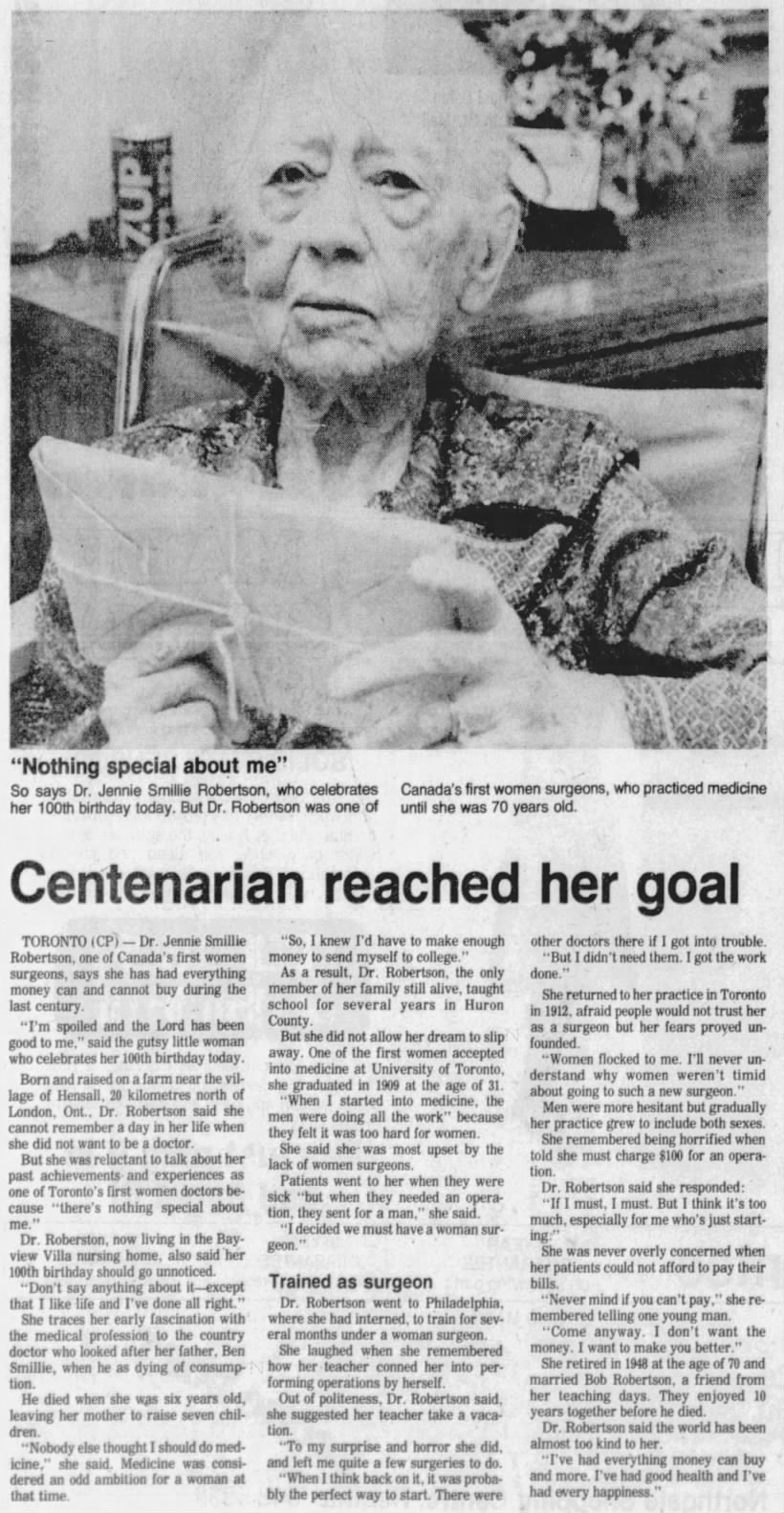 Centennarian reached her goal - Article about Jennie Smillie Robertson