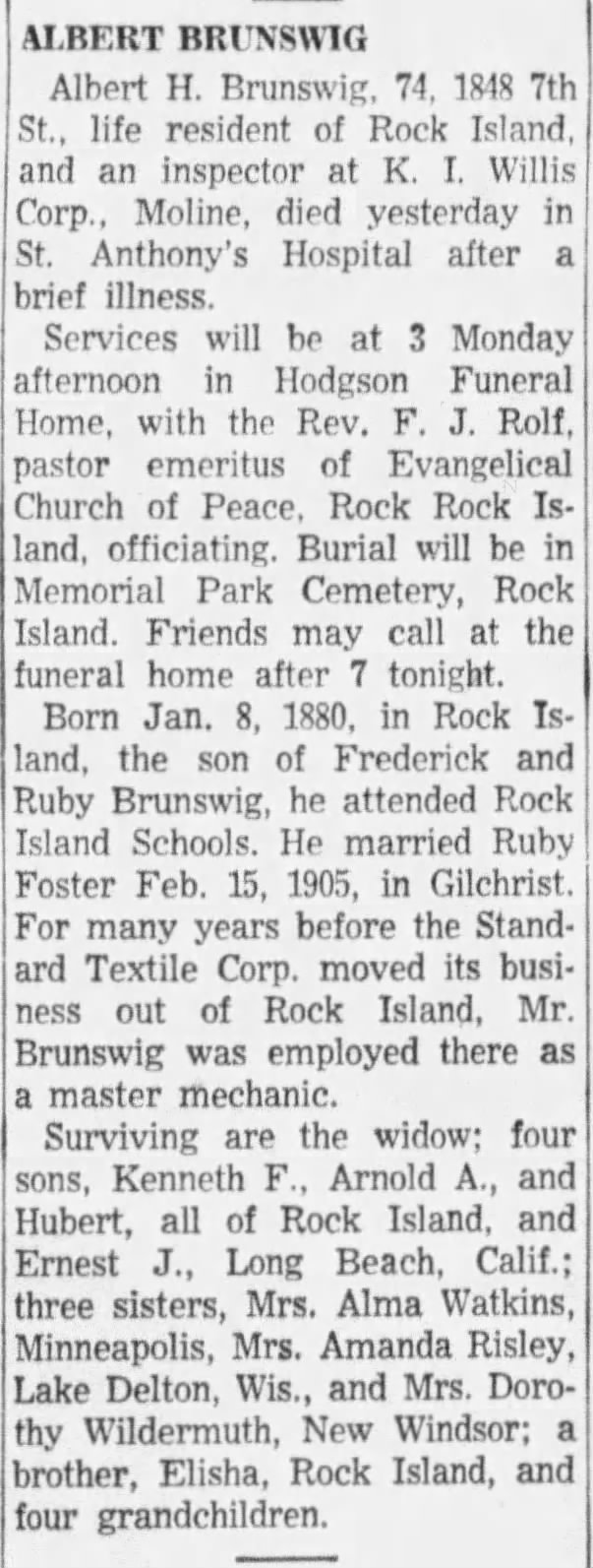 Albert Brunswig Obituary, The Dispatch, Moline, Illinois, 19 Mar 1954, p. 16