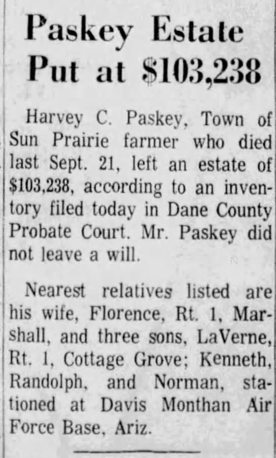 Harvey Paskey Estate, Capital Times, Madison, 30 Mar 1971 p 18