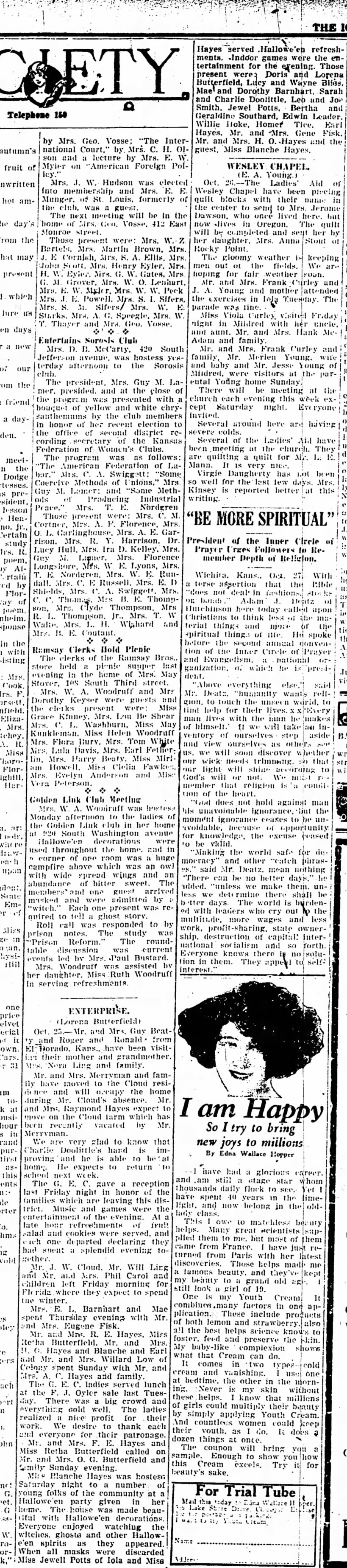 Hayes, Buttererfield activities. 27 Oct 1925. Iola Register