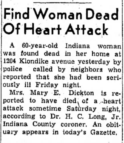 Dickton Mary E. Death Sept 13, 1954