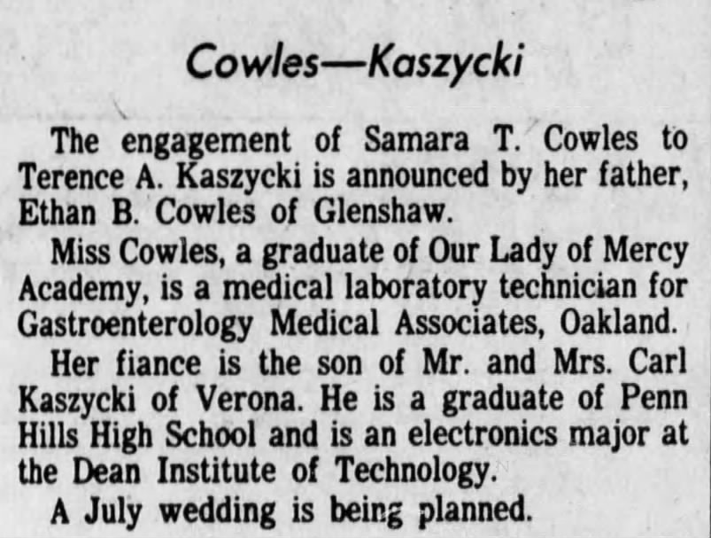 Kaszycki Carl  Cowles Samara  Wed
10 Feb 1982
