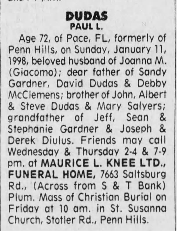 Dudas Paul L  Obituary
15 Jan 1998