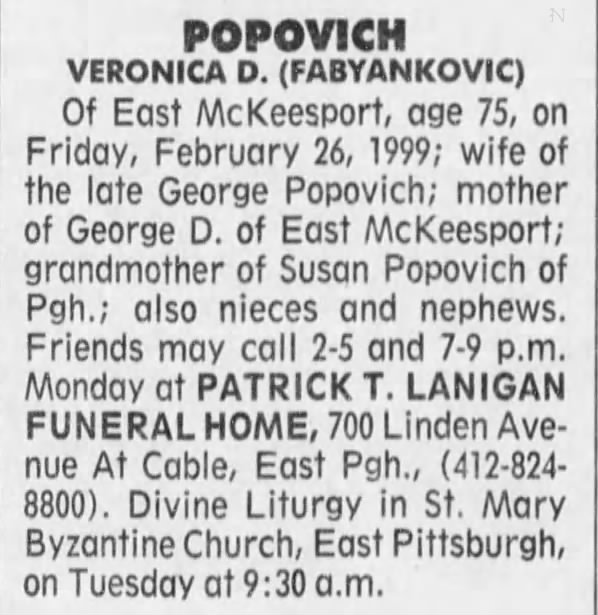 Fabyankovic  Veronica  Obituary
1 March 1999