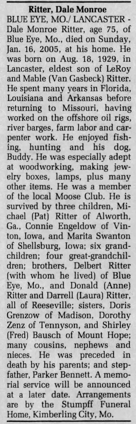 Obituary for Dale Monroe Ritter, 1929-2005 (Aged 75)