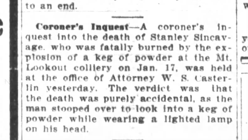 Stanley Sincavage ?  fatally burned in explosion 
1908