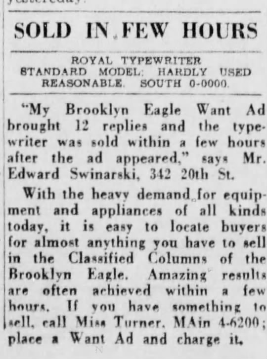 Edward Swinarski Sold Typewriter