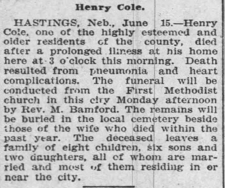 Obituary 1907 Henry Cole of Hastings, Nebraska