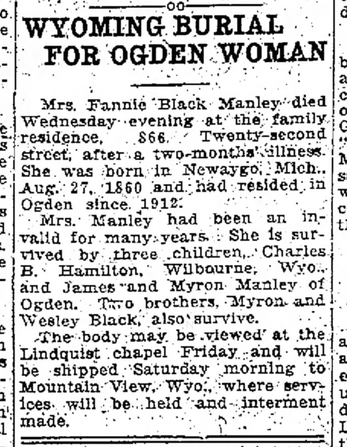 Sophronia Black Manley 31 Dec 1925 Odgen Utah