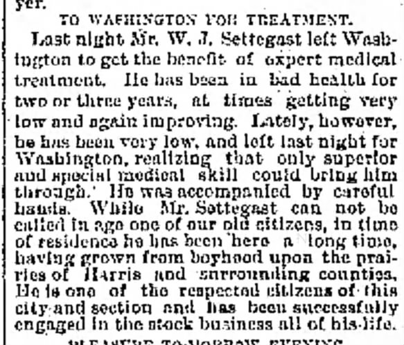 Seeks treatment in Washington in April 1889