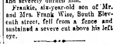 Frankie Wise ? - Fell from fence. 21 Sept 1935