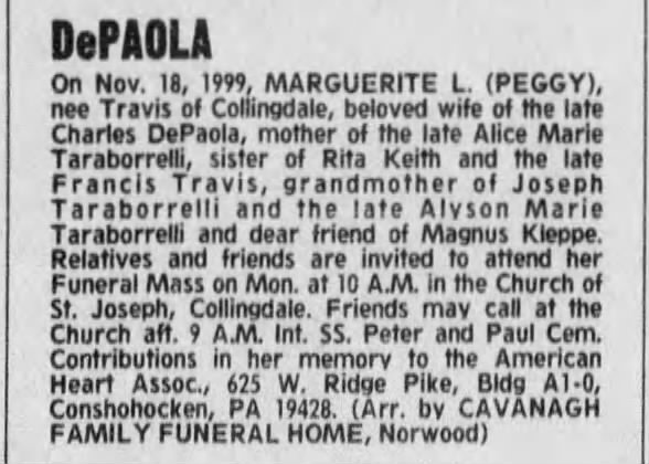 Marguerite L (Peggy) nee Travis DePaola Obituary