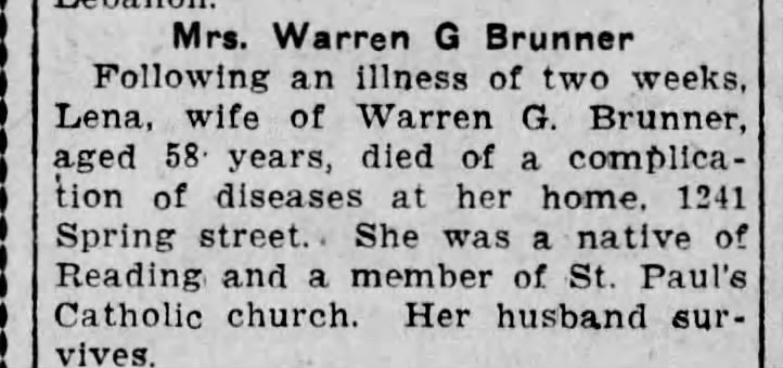 Magdalena Roth Brunner death announcement Reading Times 23 Aug 1920 p10