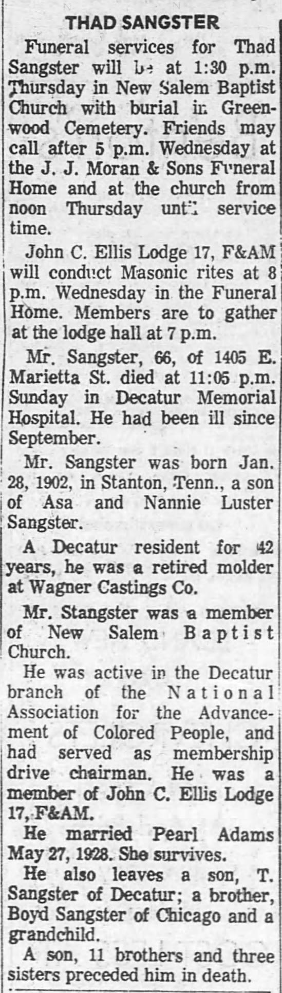 Thad Sangster, Obit