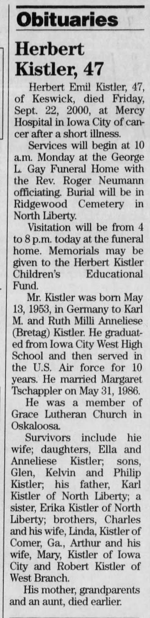 Herbert Kistler obituary