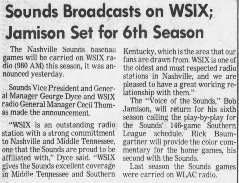 Sounds Broadcasts on WSIX; Jamison Set for 6th Season