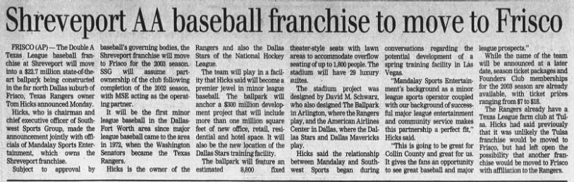 Shreveport AA Baseball Franchise to Move to Frisco