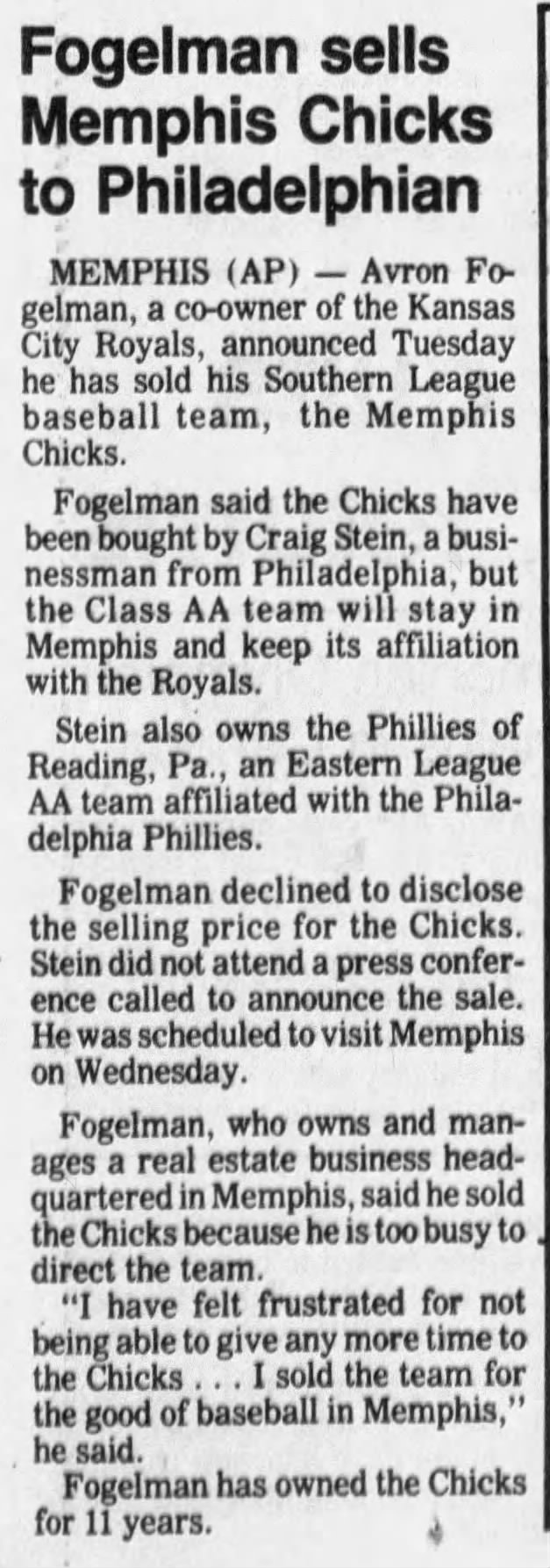 Fogelman Sells Memphis Chicks to Philadelphian
