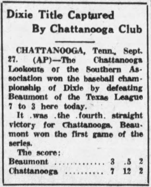 Dixie Title Captured By Chattanooga Club