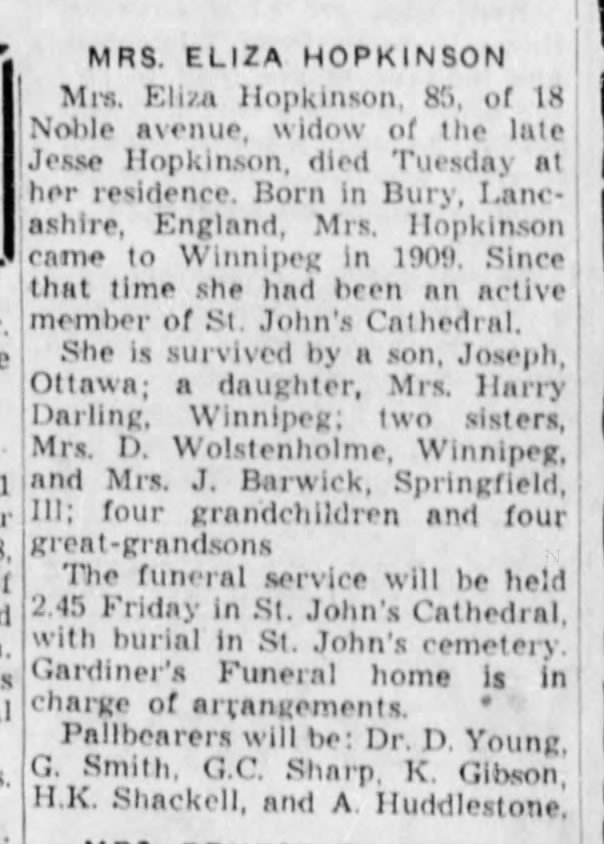 Obituary of Mrs. Eliza Hopkinson widow to Jesse Hopkinson.