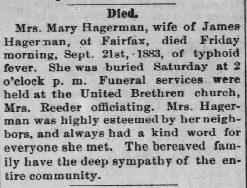 mary hageran died of typhoid james hagerman ~26 sep 1883 *KANSAS PEOPLE