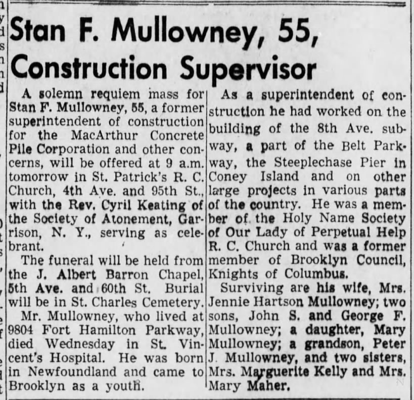 Mullowney,Stan Obituary, DOD 11 Nov 1953, Pub 13 Nov 1953, Brooklyn Daily Eagle