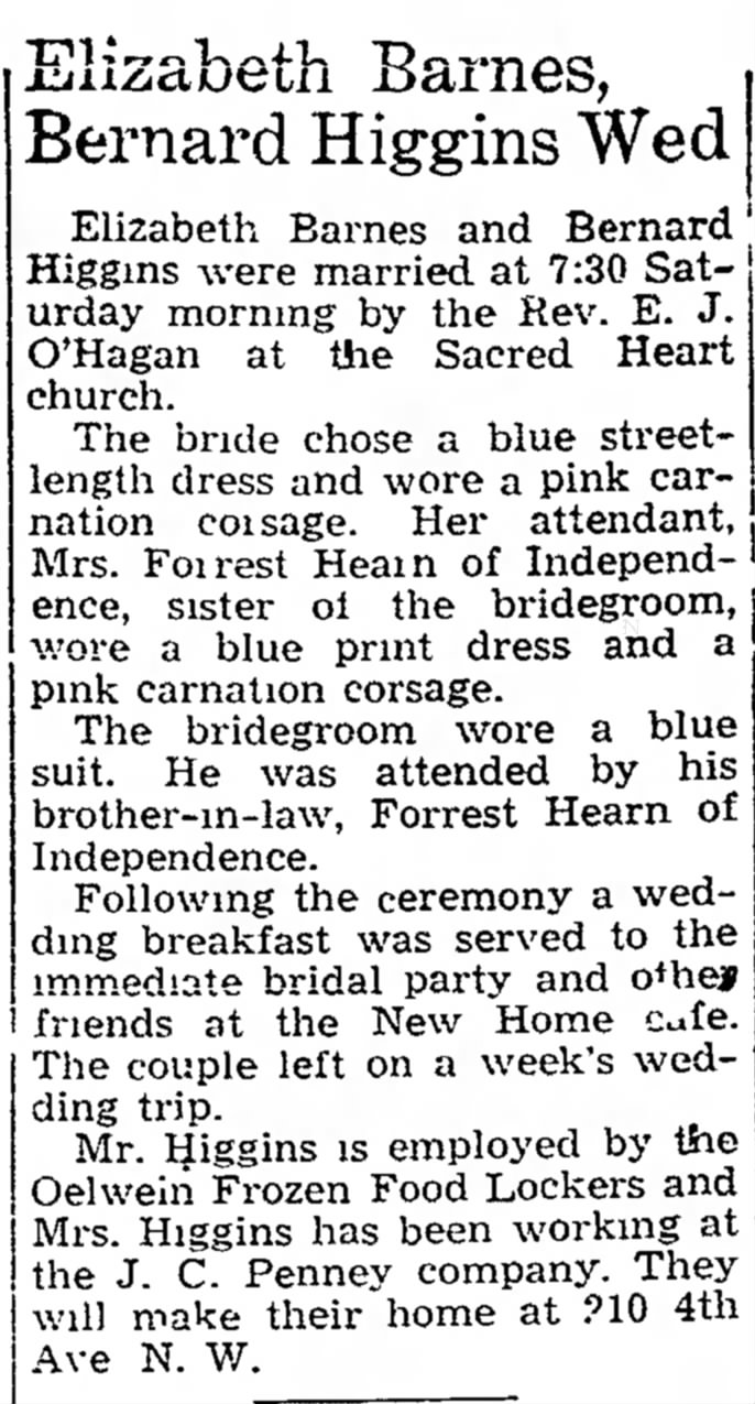 Wedding Announcement - Barnes/Higgins 1947