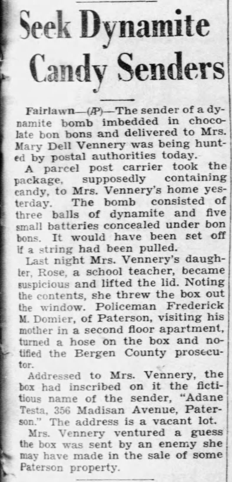 Mary Dell Vennery Receives Bomb 1932