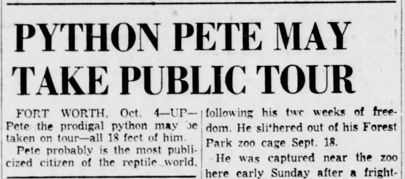 Possible Public Tour for Pete the Python