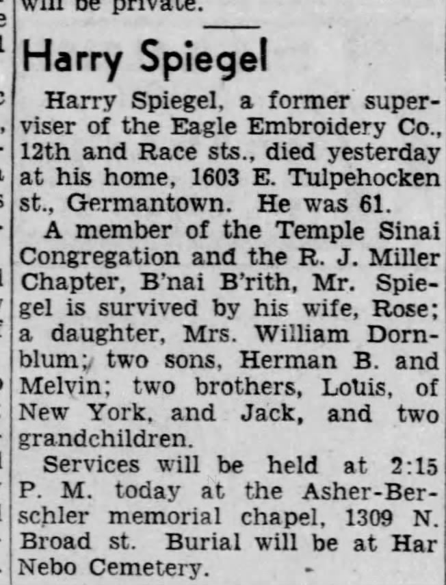 Harry Spiegel obit Apr 18, 1955