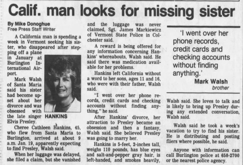 CHEREE HANKINS Missing The Burlington Free Press 21 Apr 1990