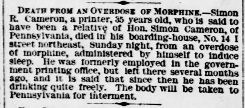 Death from an Overdose of Morphine—Simon R. Cameron, 1884