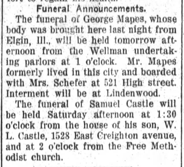 1907 Jul 4 Castle, Samuel Funeral Announcement