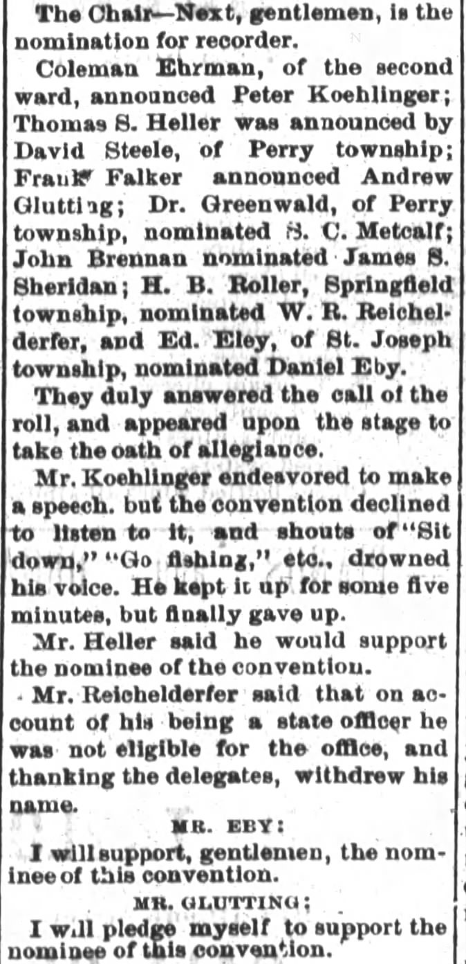 1882 Jun 18 Daniel Eby nominated as Recorder