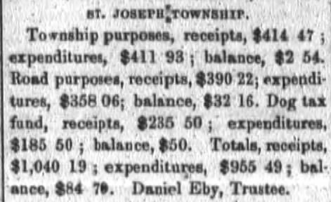 1874 Mar 12 Daniel Eby St Joseph Township Trustee