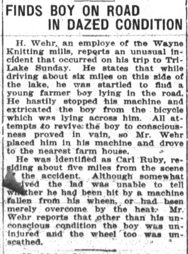 1917 Jul 31 Ruby, Carl found laying in the road hurt but not injured