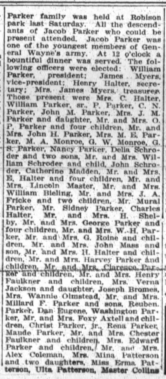 1914 Jun 16 Second Annual Parker Family held at Robinson Park