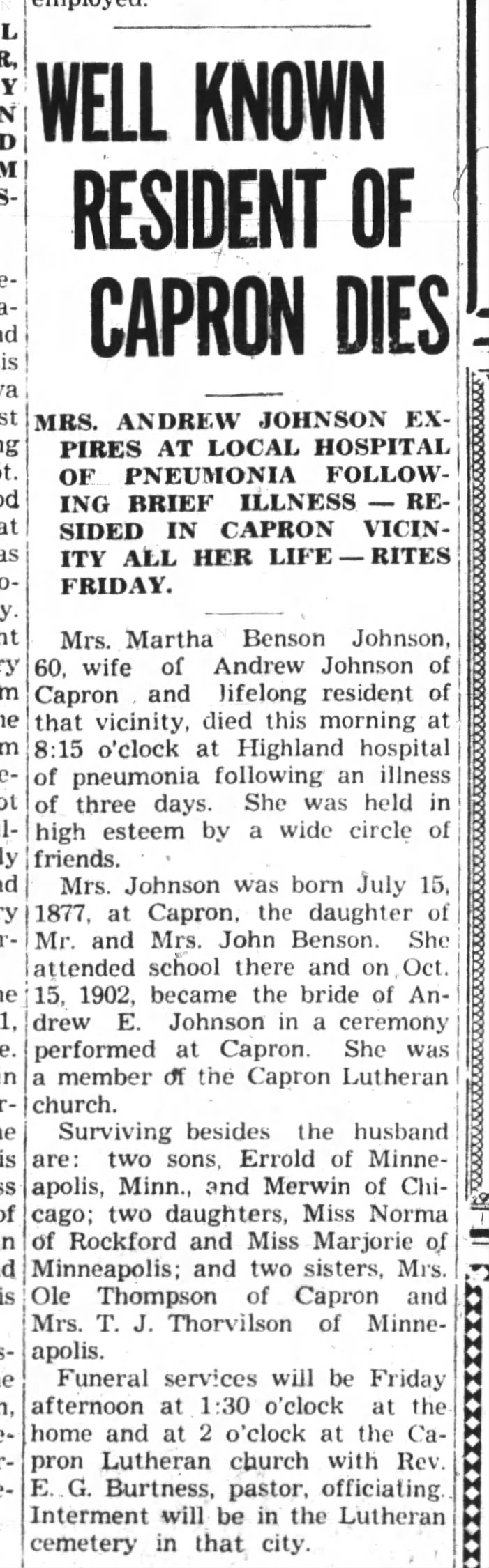 1 Mar 1938 in BDR - Death of Martha Benson Johnson.