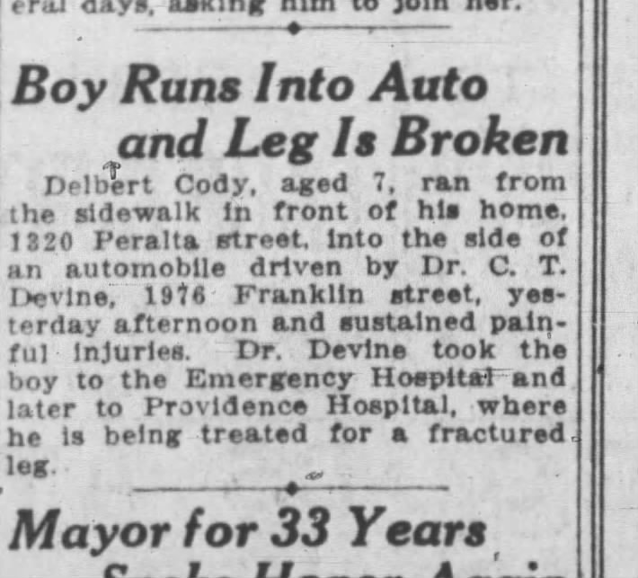 1920 Delbert Cody, 7, breaks leg