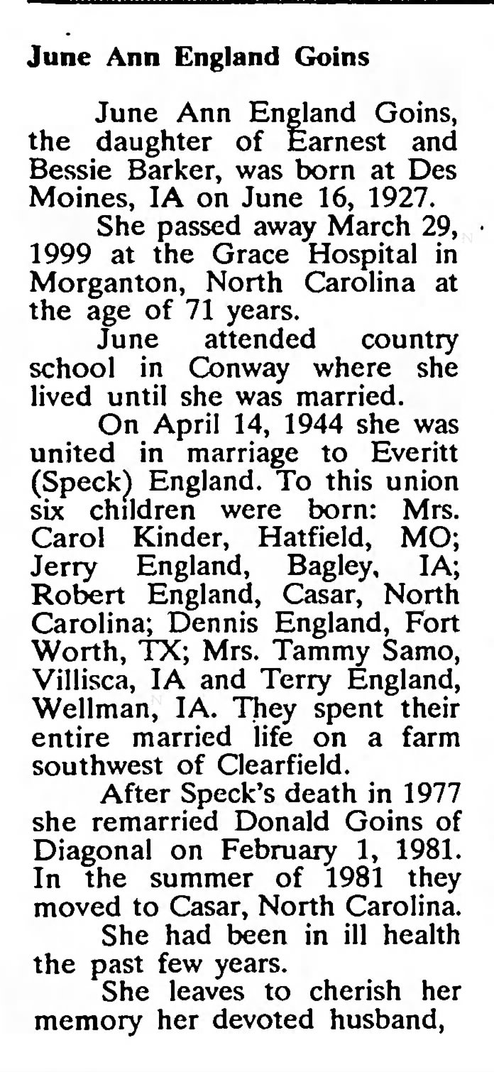 Obituary for June Ann England Goins