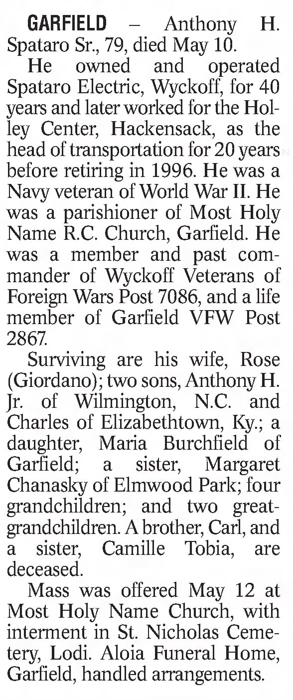 Obituary for Anthony H. Spataro Sr.